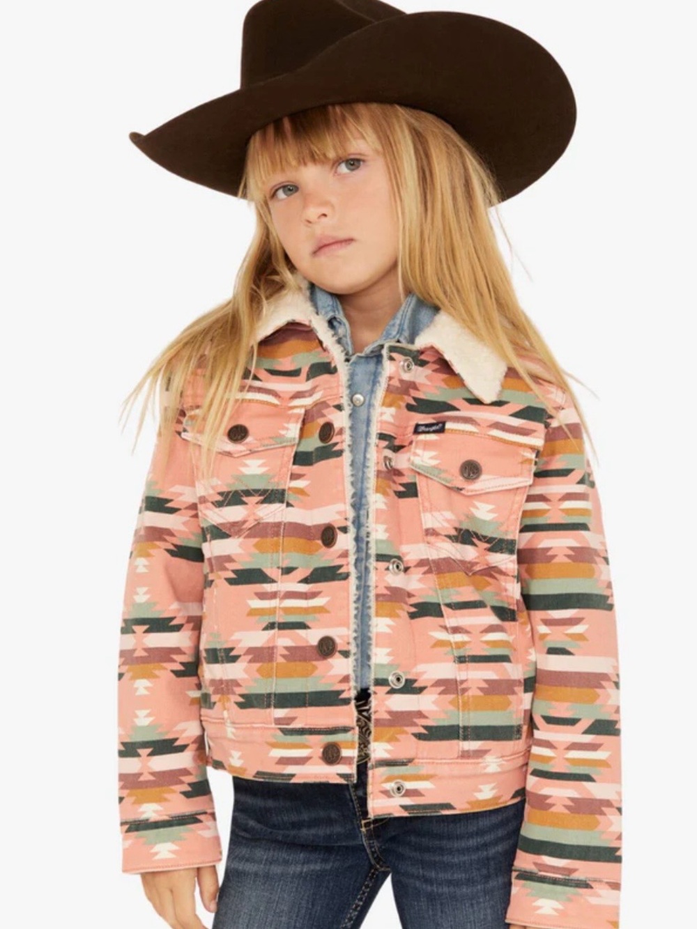 Wrangler Girls' Pink Aztec Sherpa-Lined Denim Jacket